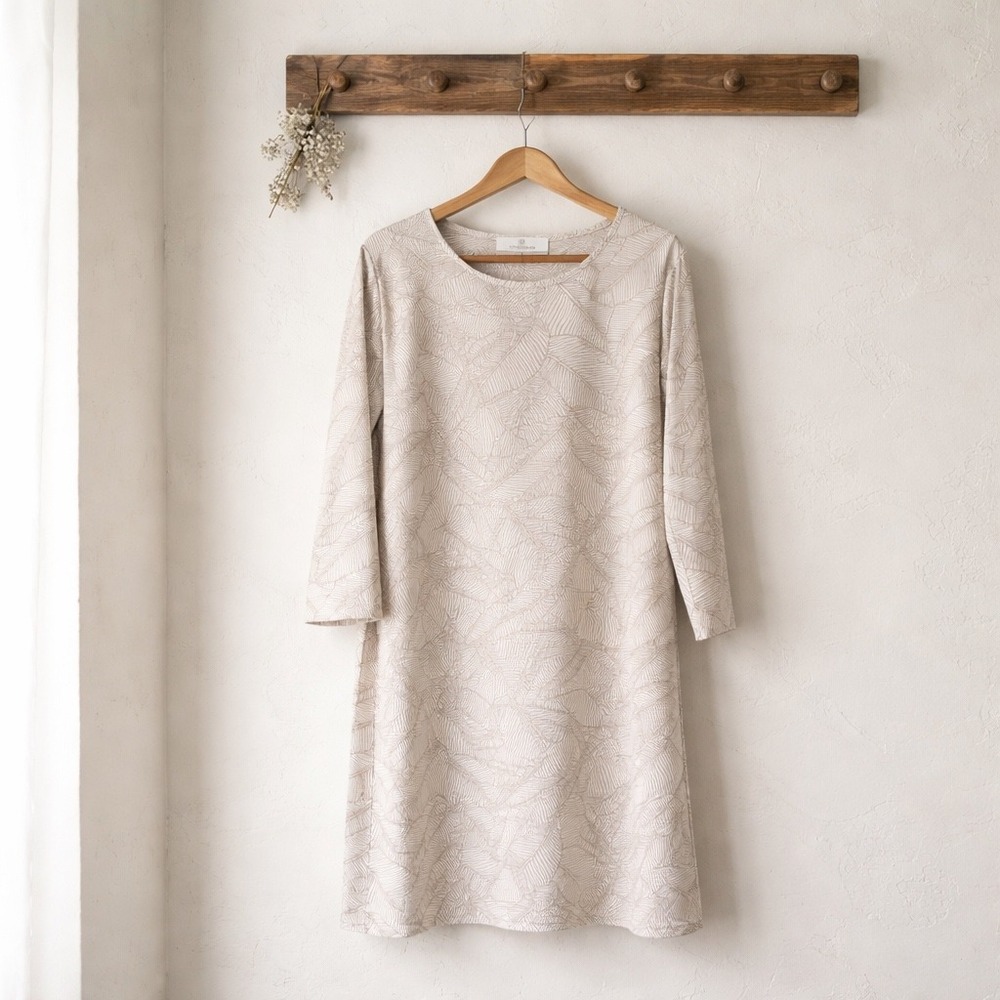 Jean-Pierre Klifa Shift Dress Women XXL Cream Taupe Excellent Leaf Print 3/4 Slv